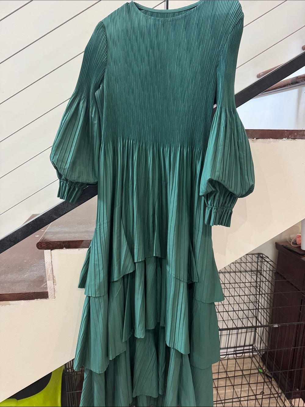 Tiered Emerald Green Pleated High-Low Dress